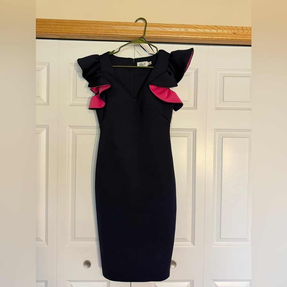 Eliza J Black Dress with Pink Ruffle Accents
